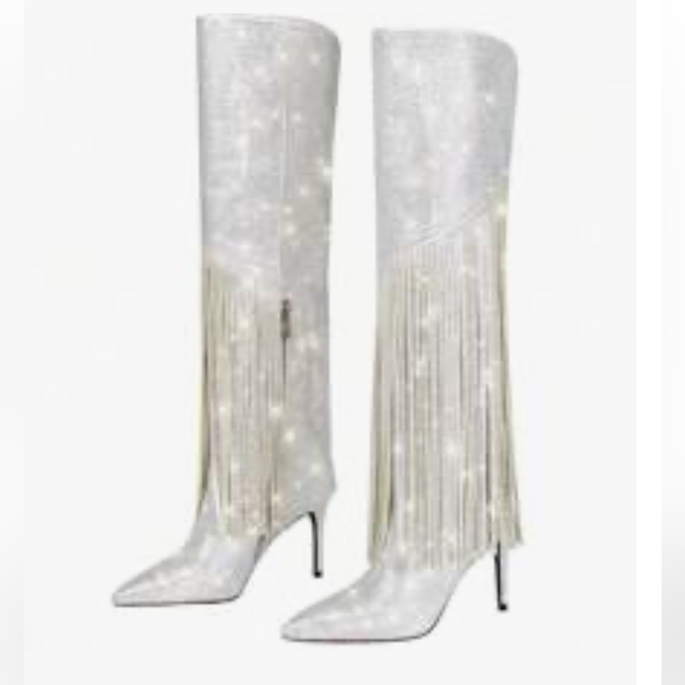 REVOLVE Sparkling White Fringe Heeled Boots